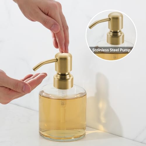 Clear Glass Soap Dispenser, 11 Oz Boston Round Bottle Dispenser with Stainless Steel Pump, Refillable Kitchen & Bathroom Countertop Dish Soap Dispenser, Brushed Gold - color: Brushed Gold