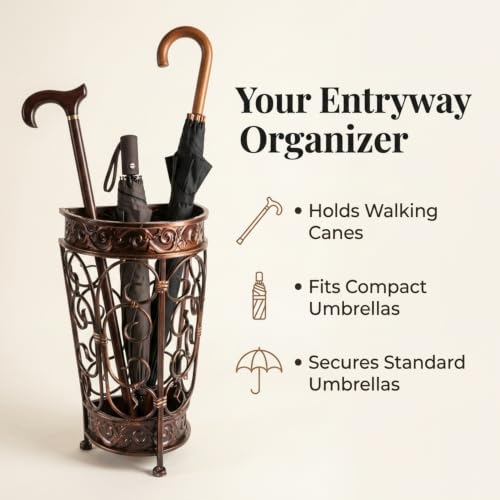Super Quality Umbrella Stand, Umbrella Holder, Antique Look Metal, Entry Hallway Décor, Wallside Style, with Removable Drip Tray (Gold Brown) - size: Gold Brown
