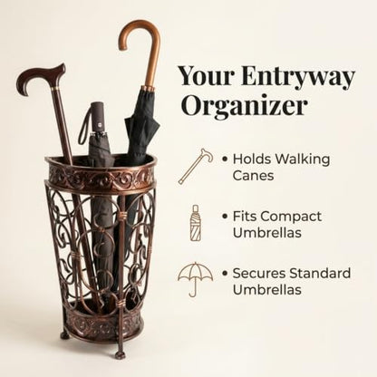 Super Quality Umbrella Stand, Umbrella Holder, Antique Look Metal, Entry Hallway Décor, Wallside Style, with Removable Drip Tray (Gold Brown) - size: Gold Brown