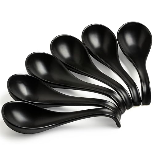 LYEOBOH Soup Spoons, Ceramic Ramen Spoon Set of 6-6.5inch Japanese Spoons | Chinese Spoons with Deep Hook Non-slip, Stackable Korean Spoons Deep for Pho Pasta Cereal, Dishwasher & Microwave Safe, Black - color: Black