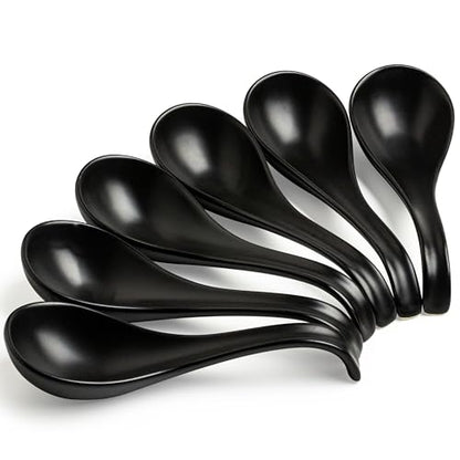 LYEOBOH Soup Spoons, Ceramic Ramen Spoon Set of 6-6.5inch Japanese Spoons | Chinese Spoons with Deep Hook Non-slip, Stackable Korean Spoons Deep for Pho Pasta Cereal, Dishwasher & Microwave Safe, Black - color: Black