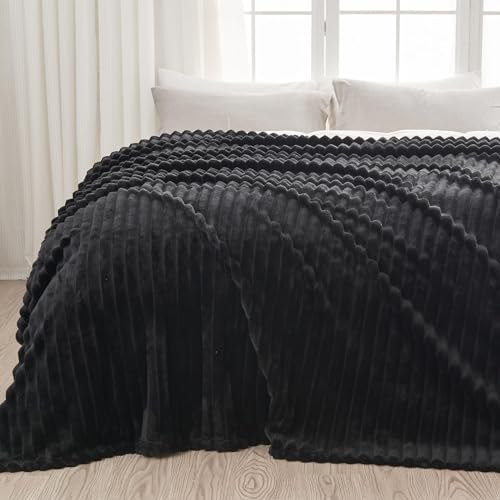 NEWCOSPLAY Fleece Ribbed Cozy Queen Blanket for Couch, Black, 90"x90" | Premium Silky Flannel Blanket, Soft Lightweight Fluffy Throw Blanket for Bed Sofa Decor, Gift for All Season Use - color: Black Ribbed, size: Queen(90"x90")