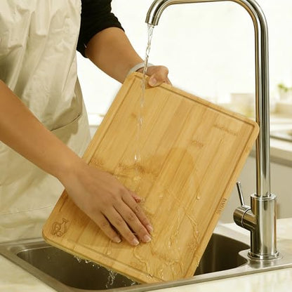 BAMBANG Bamboo Cutting Board Set, 3-Piece Wooden Chopping Boards for Kitchen, Non-Toxic Butcher Block with Juice Groove, Large Medium Small Cutting Boards for Meat, Vegetables & Cheese - color: Natural
