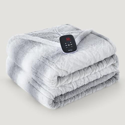 Bearhug Electric Blanket Full Size 77" x 84", 10 Heat Settings Heated Blanket, 1-12 Hour Auto Shut-Off, Faux Fur & Sherpa Dual-Sided Heating Blanket, Machine Washable, Gift-Ready Elegant Packaging - color: Silver Shade Gradient Stripe, size: Full Size 77"