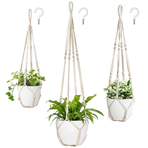 Mkono 3 Pack Macrame Plant Hangers Hanging Planters for Indoor Plants Ivory | 3 Sizes 43"/35"/29" Hanging Plant Holder Basket with Beads, Boho Home Decor for Patio Balcony Living Room, Pots Not Included - color: Ivory, size: Large