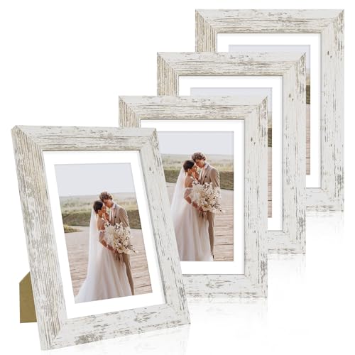 Hongkee 5x7 Picture Frame Set of 4, Made of Real Glass and Distressed White Wooden Frame, 5 by 7 Photo for Wall or Tabletop - Display Picture 4x6 with Mat or 5x7 Without Mat - color: Distressed White, size: 5x7 in