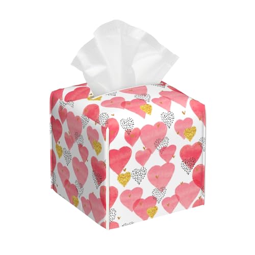 Watercolor Pink Hearts Tissue Box Cover Square, Tissue Box Holder with Bottom Belt Leather Facial Paper Organizer Dispenser for Bathroom Bedroom Dresser Night Stand Tabletop - color: Watercolor Pink Hearts