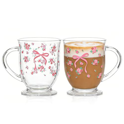 KEMORELA Pink Bow Glass Coffee Mugs Set,Cute Tea Cup with Handle,Gifts | 2-pack 16 oz,Gifts For Mom Women Birthday,Her,Girlfriend,Wife,Valentines Day,Christmas - color: Pink Bow-2PCS