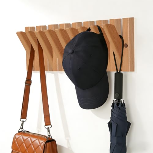 Piano Wall Mounted Coat Rack, Fold-Away Wooden Wall Hooks, 9 Hooks | Solid wood piano-inspired rack with fold-away hooks creates storage art, keeping jackets, bags and towels organized.