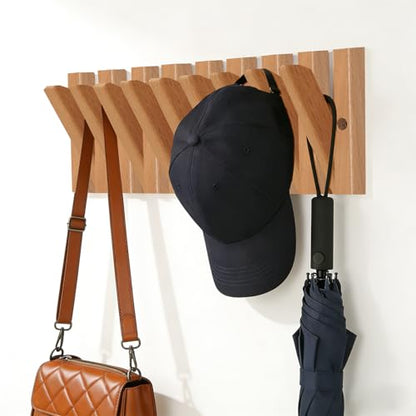 Piano Wall Mounted Coat Rack, Fold-Away Wooden Wall Hooks, 9 Hooks | Solid wood piano-inspired rack with fold-away hooks creates storage art, keeping jackets, bags and towels organized.