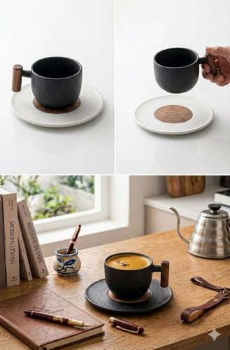 PRINCE G Japanese Style Ceramic Mug with Matching Saucer – Handmade Espresso, Coffee, Tea & Matcha Cup, Ideal Gift Set with Handgrip (BLACK) - color: Black