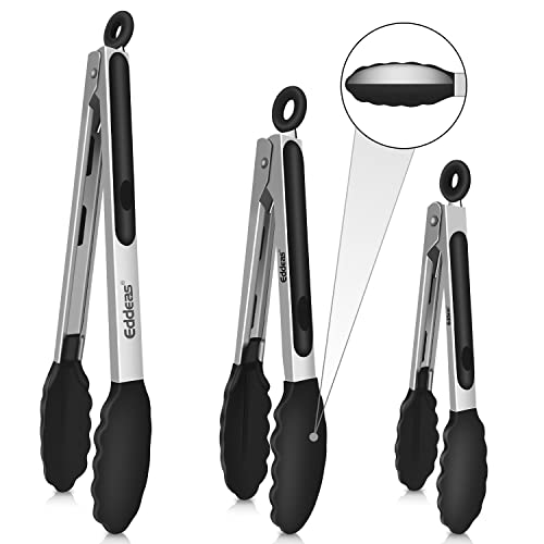 Kitchen Tongs Up To 600°F Silicone Tongs for Cooking 3Pcs 7,9,12 IN | Heat Resistant 600 Degrees,Heavy Duty Stainless Steel Locking Tong for Cooking with Silicone Tips Non-Stick Black - color: Black 3Pcs, size: 7+9+12 inch