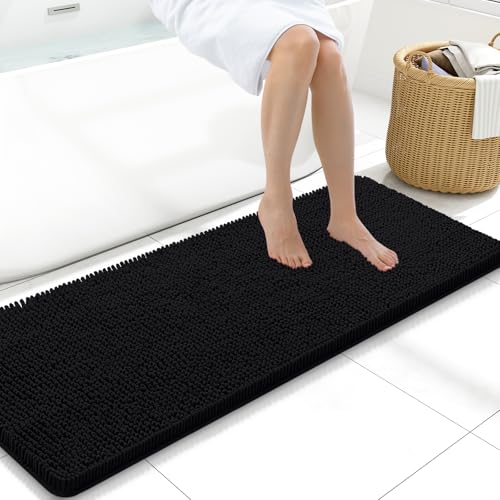 Arotive Bathroom Rugs 47x17, Soft Absorbent Shaggy Chenille Bath Rugs | Black, Machine Washable Rubber Backing Bath Mats for Bathroom Floor Tub and Shower Home Decor Accessories - color: Black, size: 47" X 17"