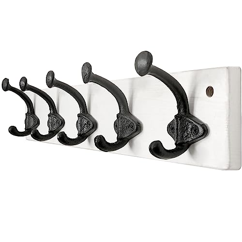 WEBI Rustic Coat Rack Wall Mount,5 Cast Iron Hooks,Coat Hooks Wall Mounted,Heavy Duty Antique Vintage Hooks for Hanging Coats,Jacket,Clothes,Black on White - color: White, size: 17 Inch