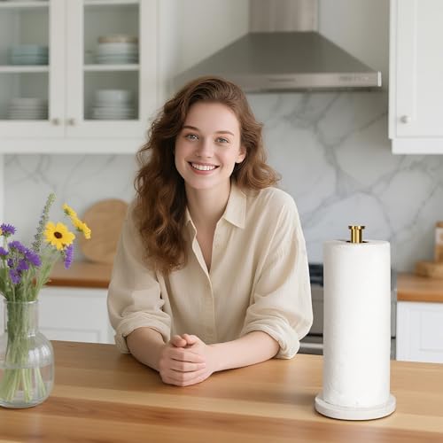 YIGII Marble Base Paper Towel Holder Countertop, Standing Paper Towel Holder with 15-Minute Magnetic Sand Timer, Papertowel Rack for Standard or Jumbo-Sized Roll Paper - style: Gold & White Marble