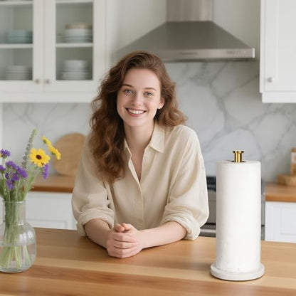 YIGII Marble Base Paper Towel Holder Countertop, Standing Paper Towel Holder with 15-Minute Magnetic Sand Timer, Papertowel Rack for Standard or Jumbo-Sized Roll Paper - style: Gold & White Marble