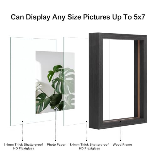 Egofine 5x7 Floating Frames Set of 2, Double Plexiglass Picture Frame, Made of Solid Wood Display Any Size Photo up to 5x7, Wall Mount or Tabletop Standing, Faded Black - color: Faded Black, size: 5x7