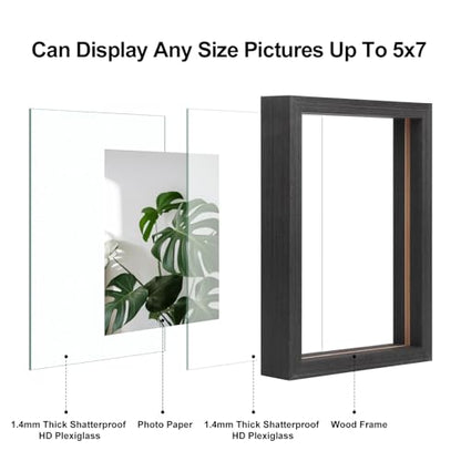 Egofine 5x7 Floating Frames Set of 2, Double Plexiglass Picture Frame, Made of Solid Wood Display Any Size Photo up to 5x7, Wall Mount or Tabletop Standing, Faded Black - color: Faded Black, size: 5x7