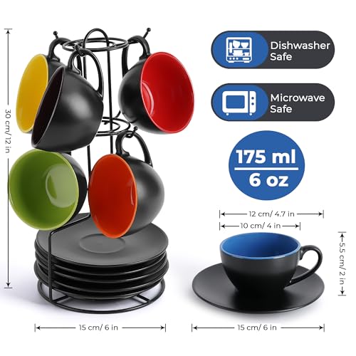 MIAMIO - Set of 6, Ceramic Stackable Cappuccino Cups Set / 6 Ounce Cappuccino Mugs and Saucer with Metal Stand for Coffee Drinks, Cafe, Latte, Americano and Tea - Le Papillon Collection (Mixed) - color: Mixed
