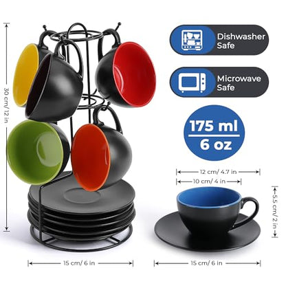MIAMIO - Set of 6, Ceramic Stackable Cappuccino Cups Set / 6 Ounce Cappuccino Mugs and Saucer with Metal Stand for Coffee Drinks, Cafe, Latte, Americano and Tea - Le Papillon Collection (Mixed) - color: Mixed