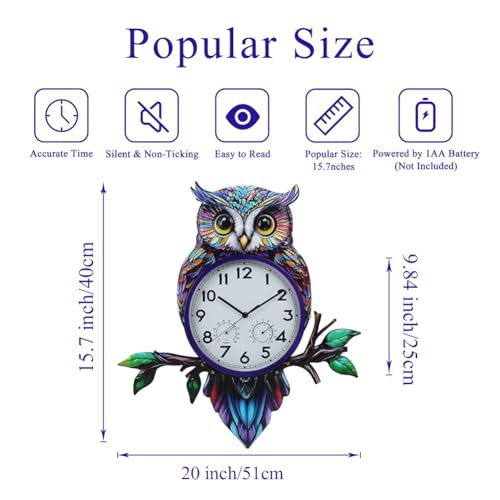 Large Outdoor Clock with Thermometer & Humidity | Owl Outdoor Wall Clock, Silent No-Ticking, Outside Clock for Patio, Living Room, Kitchen - style: Owl-Blue