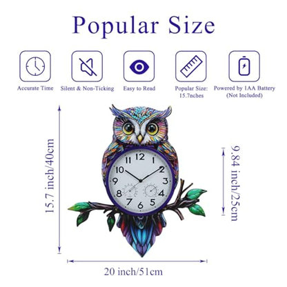 Large Outdoor Clock with Thermometer & Humidity | Owl Outdoor Wall Clock, Silent No-Ticking, Outside Clock for Patio, Living Room, Kitchen - style: Owl-Blue