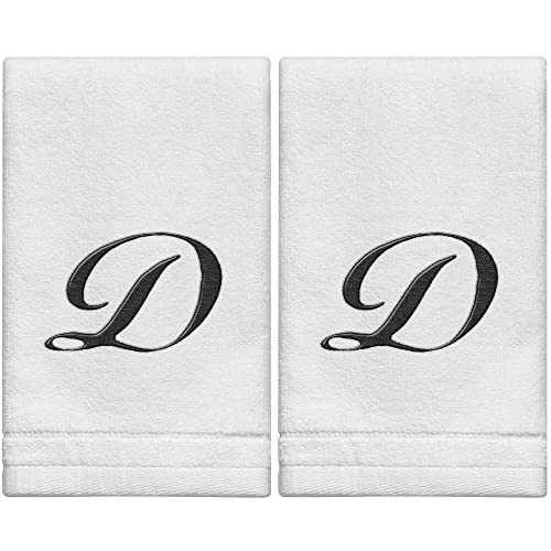 Monogrammed Towels Fingertip, Personalized Gift, 11 x 18 Inches - Set of 2- Black Embroidered Towel - Extra Absorbent 100% Cotton- Soft Velour Finish - For Bathroom/ Kitchen/ Spa- Initial D (White) - color: D