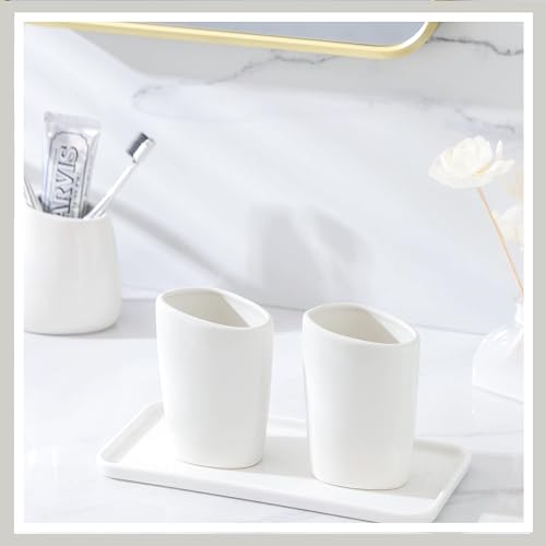 Ceramic Bathroom Accessory Set with Ceramic Tray, 6 Pieces Bathroom Countertop Accessory Set, Include Soap Dispenser, Toothbrush Holder, 2 Tumbler, Soap Dish, Vanity Tray,White - color: A-white * 6 Pieces