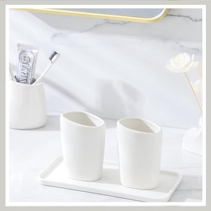 Ceramic Bathroom Accessory Set with Ceramic Tray, 6 Pieces Bathroom Countertop Accessory Set, Include Soap Dispenser, Toothbrush Holder, 2 Tumbler, Soap Dish, Vanity Tray,White - color: A-white * 6 Pieces