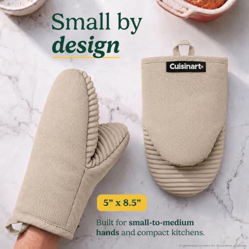 Cuisinart Mini Oven Mitts, 2-Pack 5"x8.5", Heat Resistant 500F | Compact pot holder for baking, air fryer, and cookware, silicone non-slip grip, hanging loop, fits either hand, wipes clean - color: Beige
