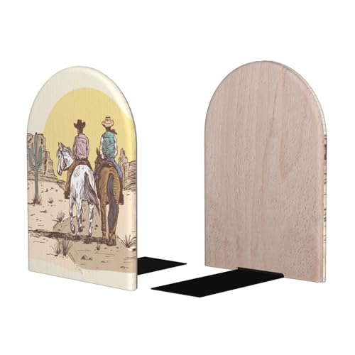 Western Cowboy Wood Bookends Stands Decorative Book Organizers | Non-Slip for Home Office Desk Library School Study 1 Pair - color: Sbl-004
