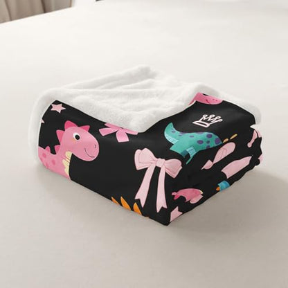 Cute Dino Kids Fleece Blanket,Kawaii Bowknot Heart Princess Style Throw Blanket for Adult,Pink Black Dinosaur Cartoon Animal Lightweight Polyester Sofa Sherpa Blanket, Queen (90 x 90 Inch) - color: 01 Black Pink, size: Queen