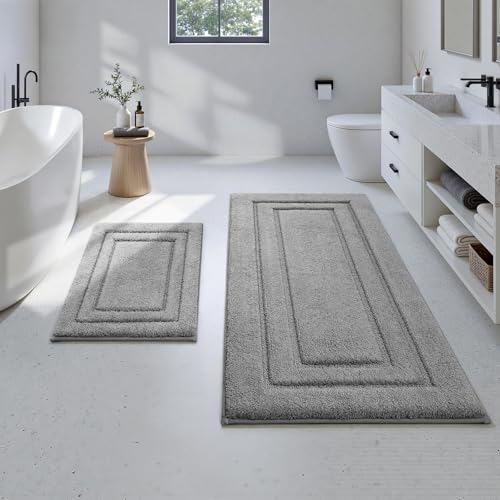 HOMEIDEAS 2 Pieces Large Bathroom Rug, Super Soft and Absorbent Long Rugs, Non Slip and Microfiber Bath Mat for Bathroom Decor (20"x47"+16" x 24", Grey) - color: Loop- Grey, size: 1'4" x 3'11" (16"x24"+20"x47")