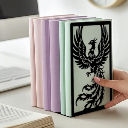 5.3"x4.3"x7.9" Metal Bookends, Heavy Duty Book Ends for Shelves | Phoenix Theme Cast Iron Book Supports, 1 Pair Decor Stoppers for Desk, Library, Office & Home Shelves - style: Phoenix