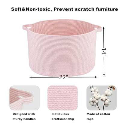 XUANGUO Extra Large Cotton Rope Round Storage Basket 22" x 14" Pink | Woven basket for blankets, toys, towels, laundry, nursery, living room and pet toy storage. - color: pink