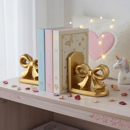 SiliFine 2 Pcs Gold Bow Bookends Cute Resin Bookends Heavy Duty Decorative Book Stand Decor Sculpture Statues Tabletop Shelf Ornament for Desk Home Office Decoration Teacher Back to School Gifts