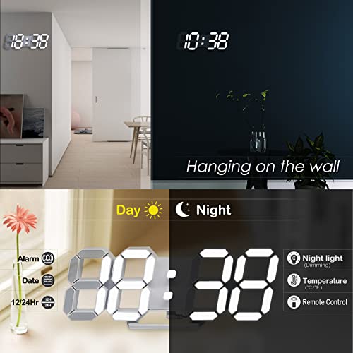 3D LED Digital Wall Clock ,9.7", Large Display Table/ Desk Clock with Remote Control 12/24H Temperature (White Light) - color: 9.7in Clock-white Light