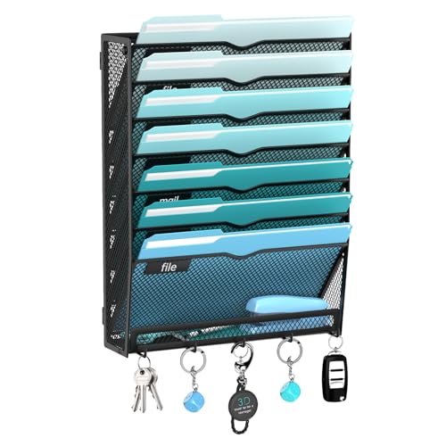 8-Tier Wall File Organizer and Mail Organizer with 5 Hooks, Black | Label slots, curved openings, 5 key hooks, and a bottom tray support organized mail, file, and everyday item storage. - color: Black, size: 8 Tier