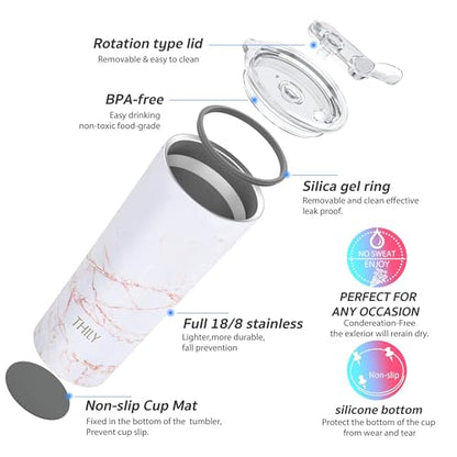 THILY Stainless Steel Vacuum Insulated Tumbler Travel Mug 26 oz Coffee Cup with 2 Lids and Straws, Splash Proof, Keep Ice Drinks Cold, Gold Marble - color: Gold Marble, size: 26 Ounce (Pack of 1)