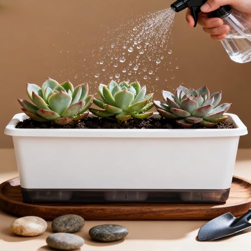 5-Pack Rectangular Self-Watering Planters with Drainage – Plastic Flower Pots for Indoor Outdoor Plants, Window Garden, Ideal for Herbs, Flowers & Vegetables, Easy-Fill Watering System, White