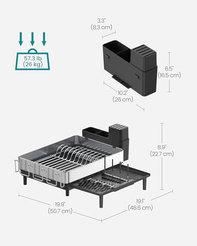 SONGMICS Dish Drying Rack, Expandable Stainless Steel, with Rotatable Spout | Dish Dryer with Utensil, Cup, Glass, Cutting Board and Pan Holders, Silver and Black, PAXTON Collection UKCS037B01 - color: Silver + Black, size: 19.9"D x 19.1"W x 8.9"H