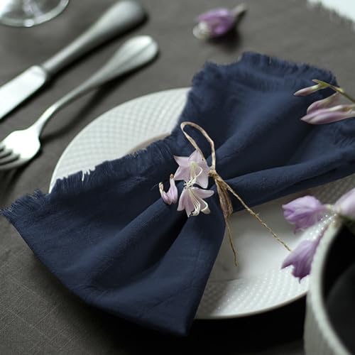 Handmade Cloth Napkins 100% Cotton Napkins with Fringe，Delicate Handmade Cloth Napkins for Dinners, Parties, Weddings and More，18 x 18 Inch Set of 4 - Navy Blue - color: Navy Blue