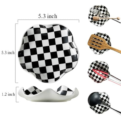 Miamolo Spoon Rest for Stove Top, 5.3in Checkered Spoon Holder Utensil Rest, Ceramic Spoon Rests for Coffee Bar, Kitchen Gadget Cooking Gift for Housewarming - Heat Resistant & Dishwasher Safe - color: Black & White Pattern
