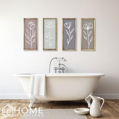 3D Wooden Floral Bathroom Wall Decor, Set of 4 Framed Wall Art | For Living Room, Bedroom, Dining, Office & Kitchen – Boho Botanical Wall Hanging, Modern Farmhouse Home Decor & Gift