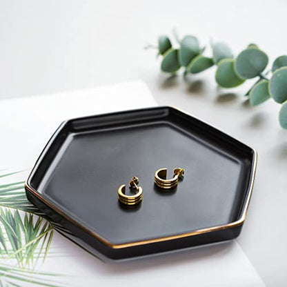 HANKOR 4.7 inch Ceramic Jewelry Dish Tray, Small Ring Holder Dish, Black Catch All Trinket Tray for Keys Rings Earrings - color: Black