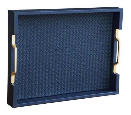HofferRuffer Faux Leather Rectangle Serving Tray Decor Platter with Gold Metal Handles for Coffee Table, Breakfast, Tea, Food, Countertop, Kitchen, Butler Tray, 16.2 x 12.2 x 2 inches (Navy Blue) - color: Navy Blue