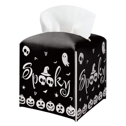 Halloween Tissue Box Holder, Black Spooky Pumpkin Leather Tissue Box Cover Square, Horror Facial Paper Organizer Dispenser Toilet Paper Holder for Bathroom Kitchen Office Home Decor-A10 - color: Black02