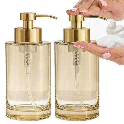 Foaming Hand Soap Dispenser,12oz Glass Foaming Soap Dispenser for Bathroom | Thick Glass Foam Soap Dispenser with Stainless Steel Foam Pump - color: Light Amber&foam Pump