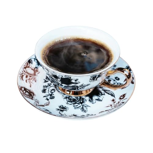Bone China Tea Cup and Saucer Set with Spoon，Elegant Floral Tea Cup Set (7 oz)，British Coffee Latte Mug for Birthday Party Christmas gift for Friends - color: flower-B05