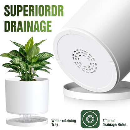 10/9/8 Inch Plant Pots 3 Pack, with Drainage Hole & Saucers | Cylindrical plastic planters with drainage holes & saucers. Modern matte finish, lightweight & durable for indoor/outdoor use - color: Matte White